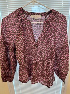 LOFT Hunter Gree Blouse with Pink Floral Print